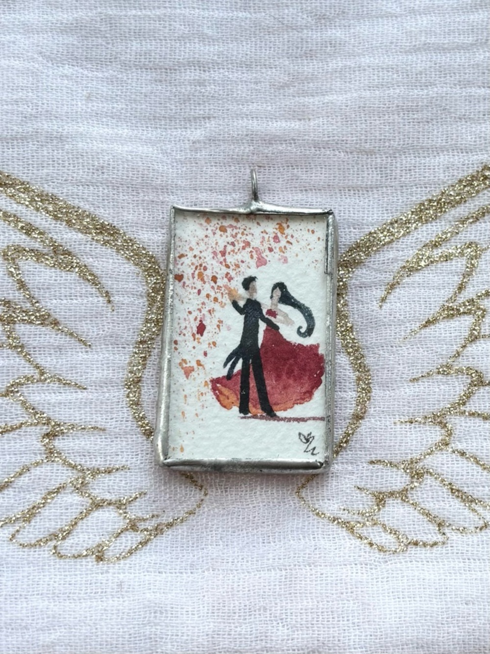 Hand-Painted Red Dancing Couple Pendant Necklace Watercolour